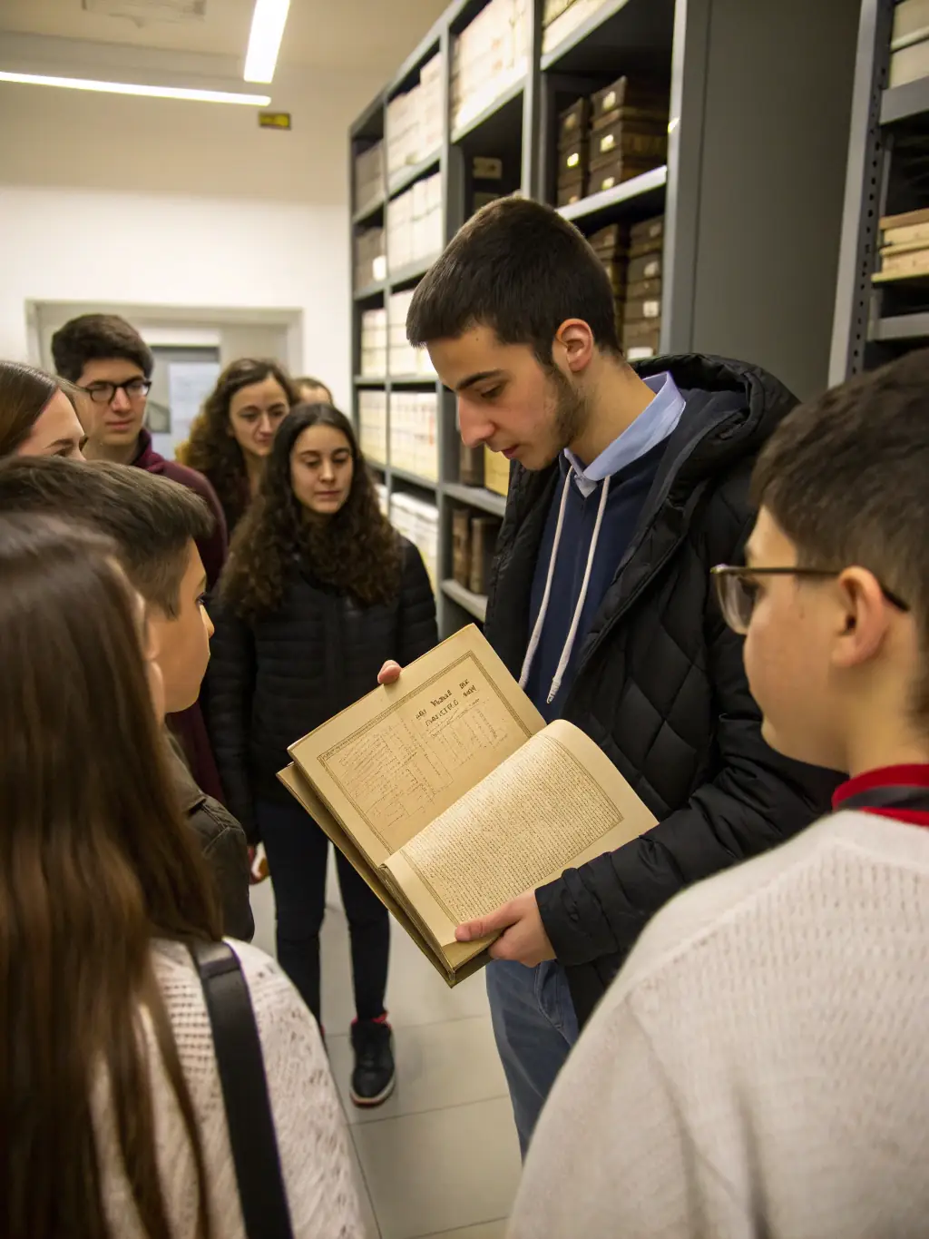 An image of students participating in a guided tour of the Resistance museum, engaging with historical artifacts and listening to a guide.