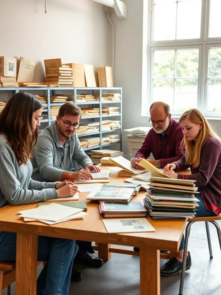 A photo of a group of volunteers working on preserving historical documents and artifacts at the museum.