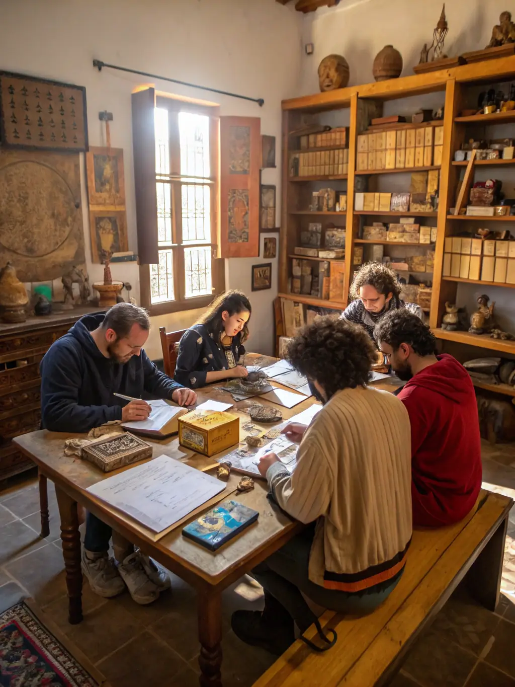 A photograph of a workshop session where participants are examining historical documents and artifacts related to the French Resistance.