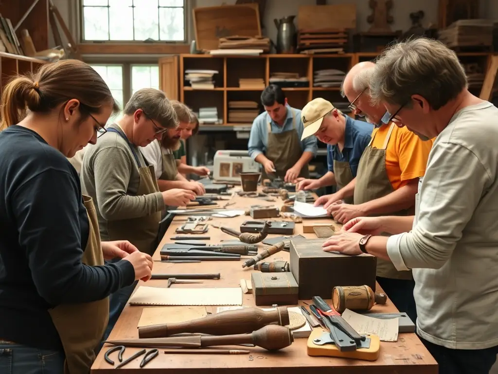 A photograph illustrating volunteers from the association working on preserving historical documents and artifacts related to the Resistance at the Musée de la Résistance Henri Queuille. The image highlights the dedication to preserving historical heritage.