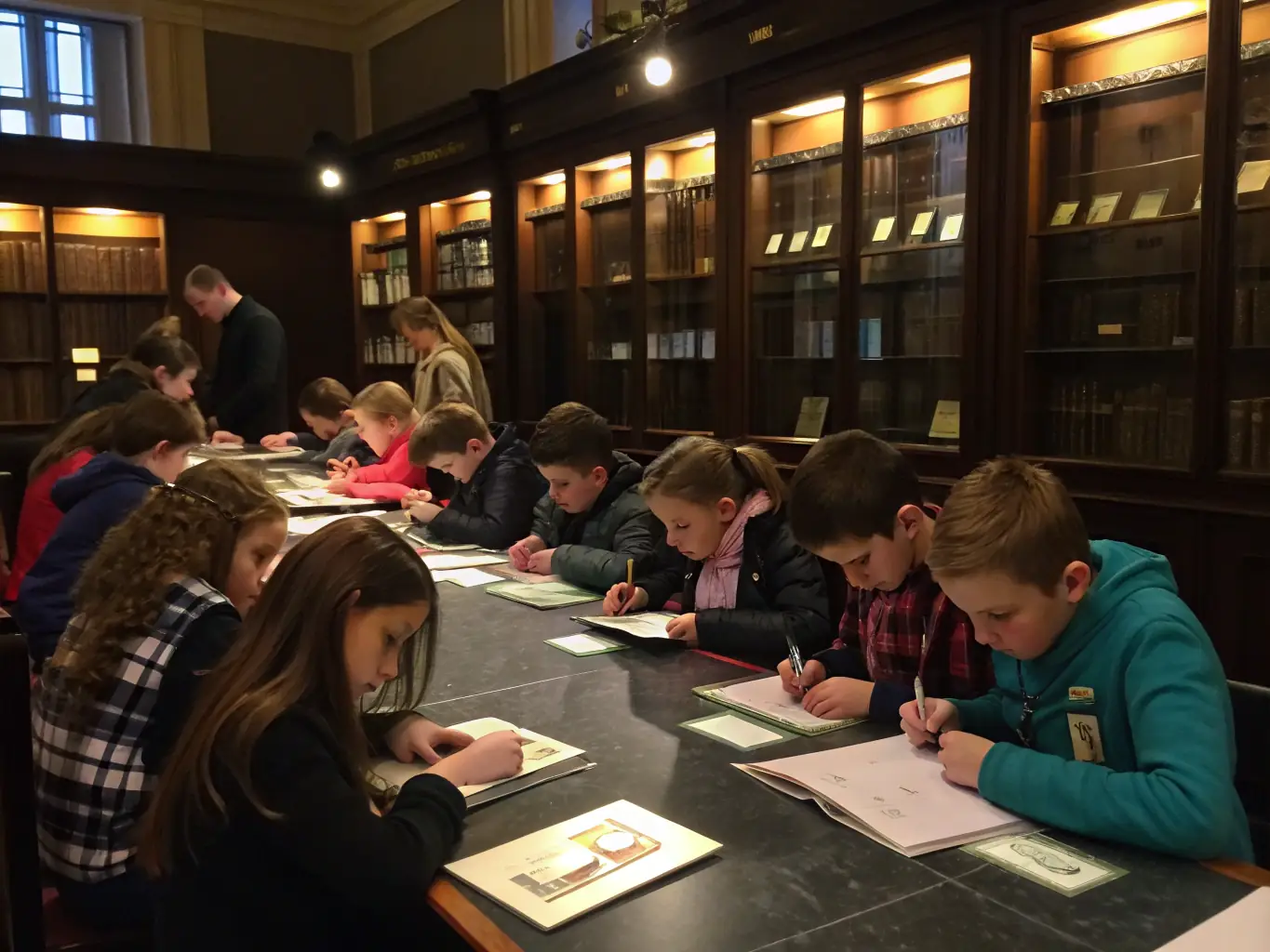 A photograph of students participating in an interactive workshop at the Musée de la Résistance, focusing on historical documents and artifacts from the Resistance era in Haute-Corrèze.