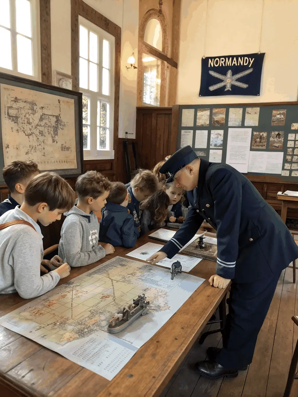 A photograph depicting a group of students participating in an interactive workshop at the Musée de la Résistance, focusing on decoding historical documents from the Resistance era.